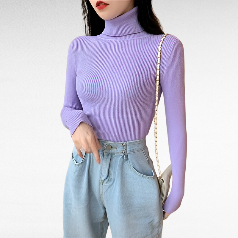 بلوفر نسائي بياقة عالية ضيق مناسب للخريف والشتاء بأكمام طويلة