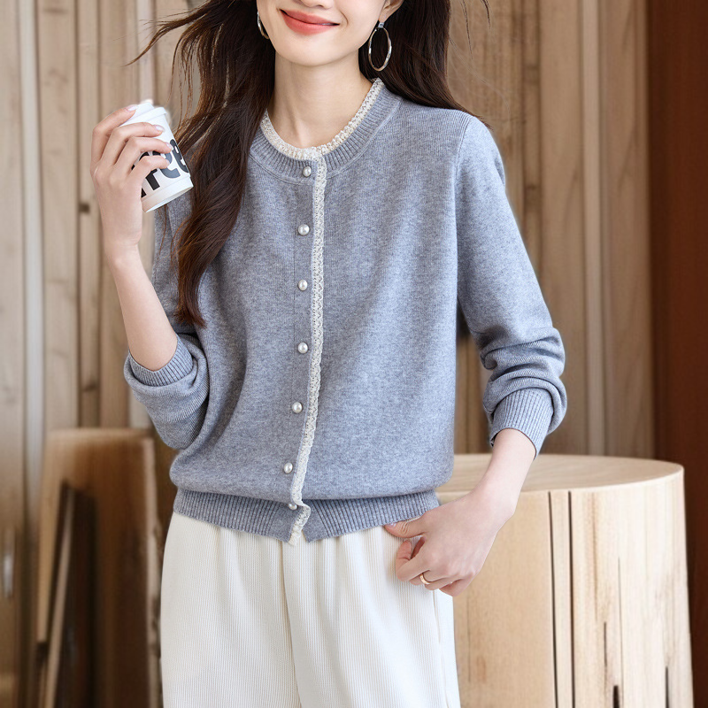 여성 그레이 니트 가디건 아우터 무드 상의 레이스 긴팔 니트