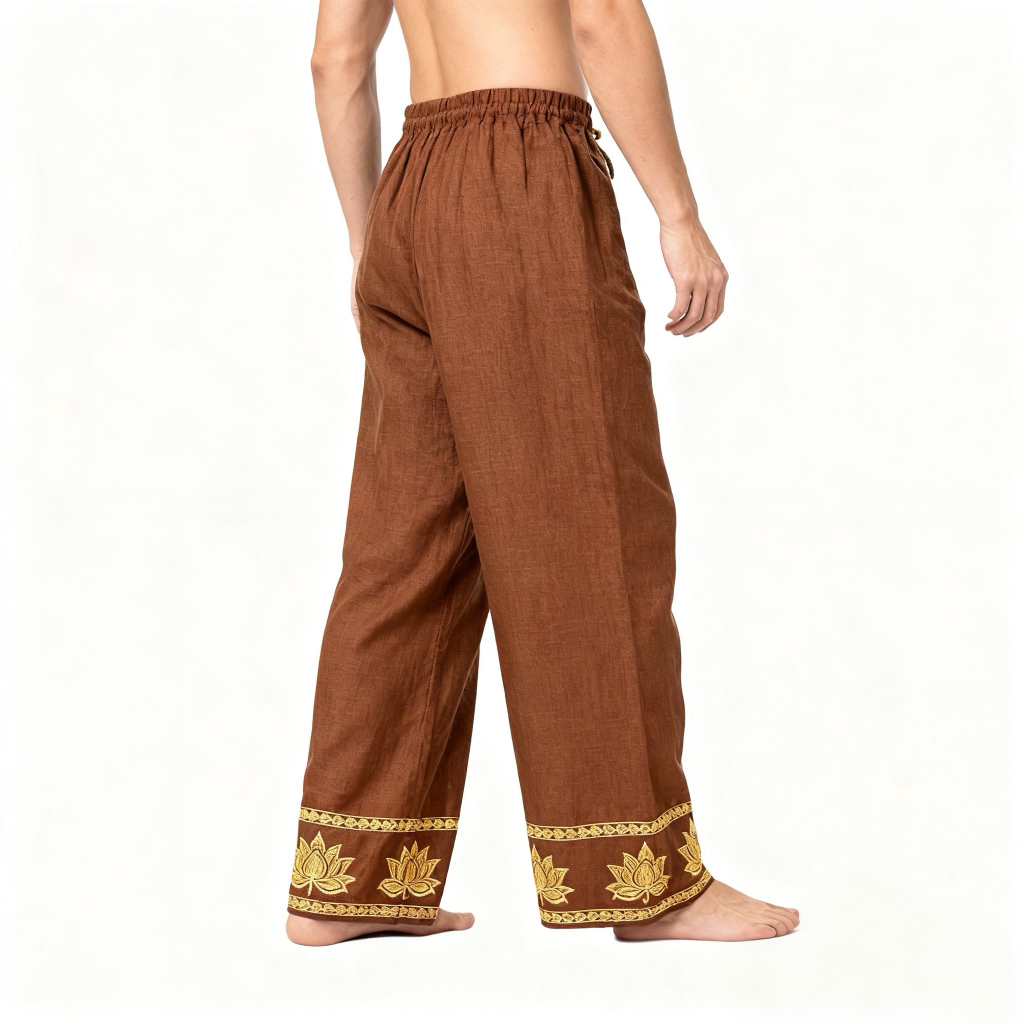  กางเกงขายาวผู้ชายแฟชั่นสีน้ำตาลปักลายดอกบัว