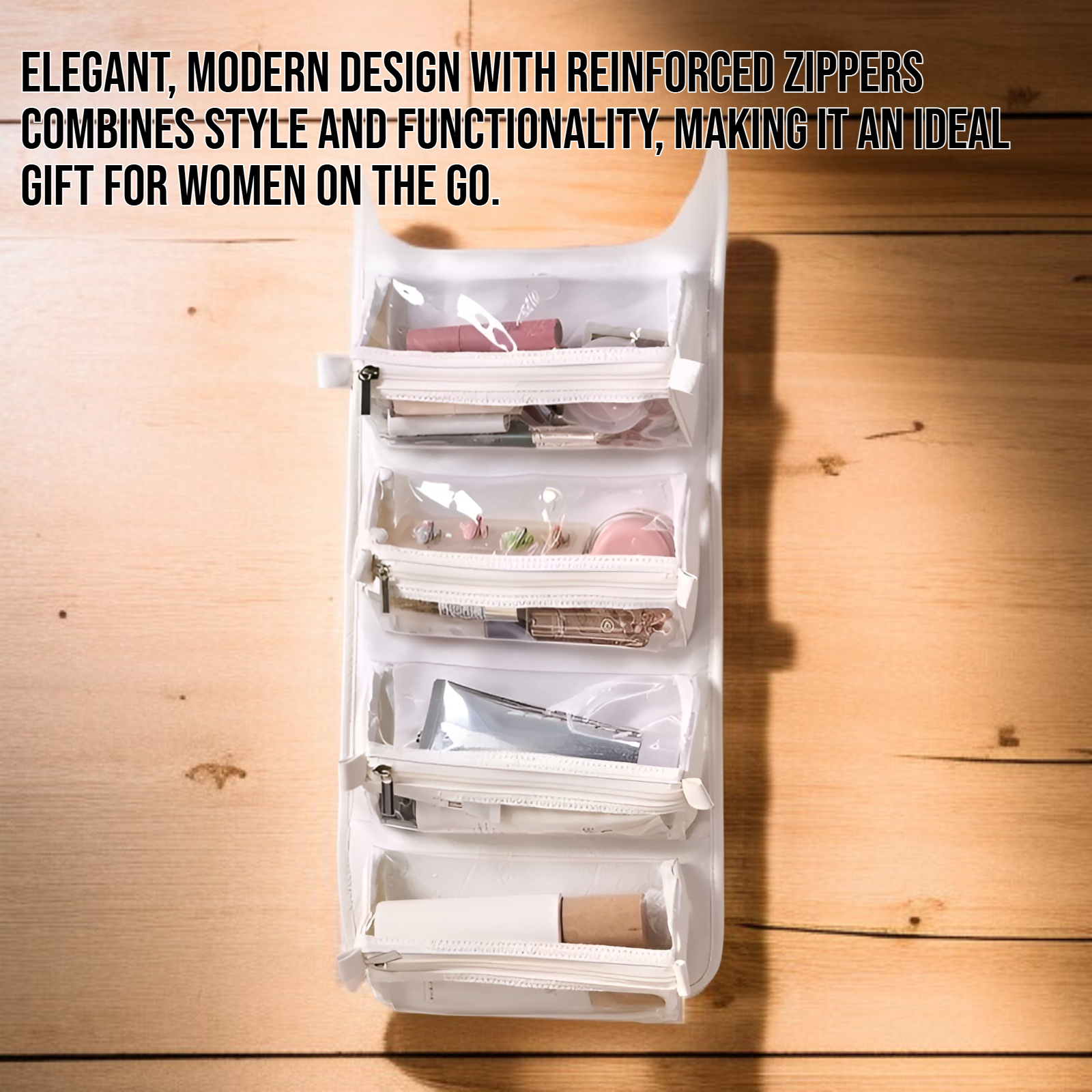 Women's travel toiletry bag with multiple compartments open