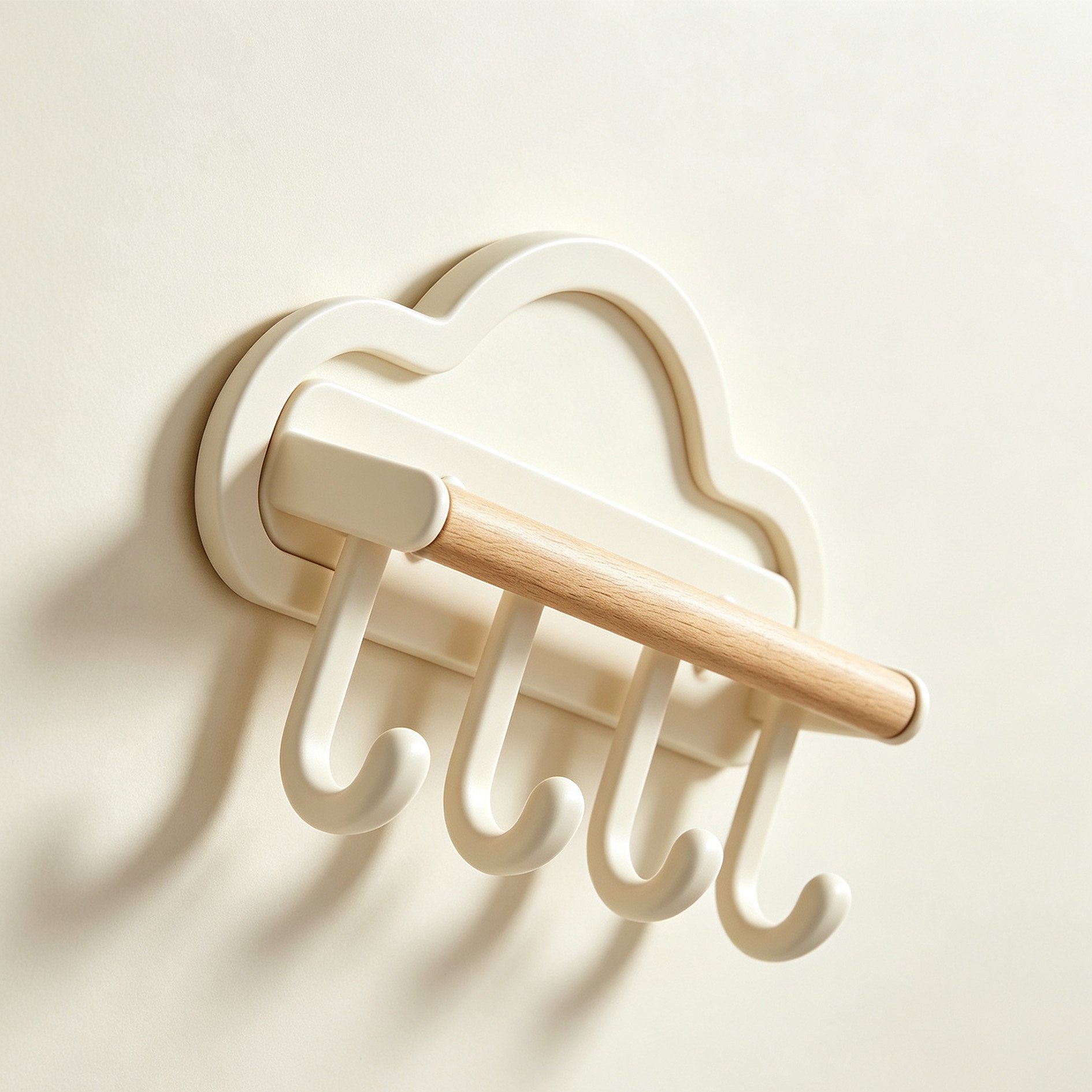 Close-up of a cloud-shaped wall hook holding a bag