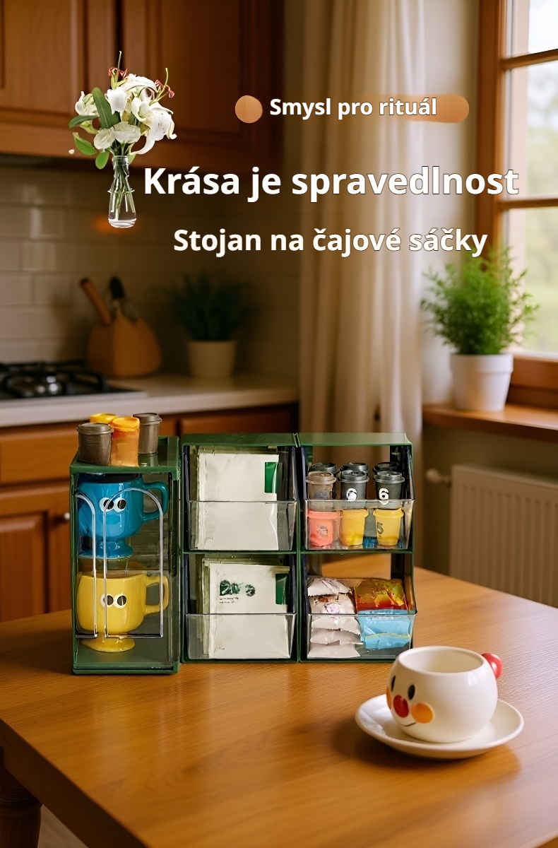 Transparentní čajový a kávový úložný stojan na stole