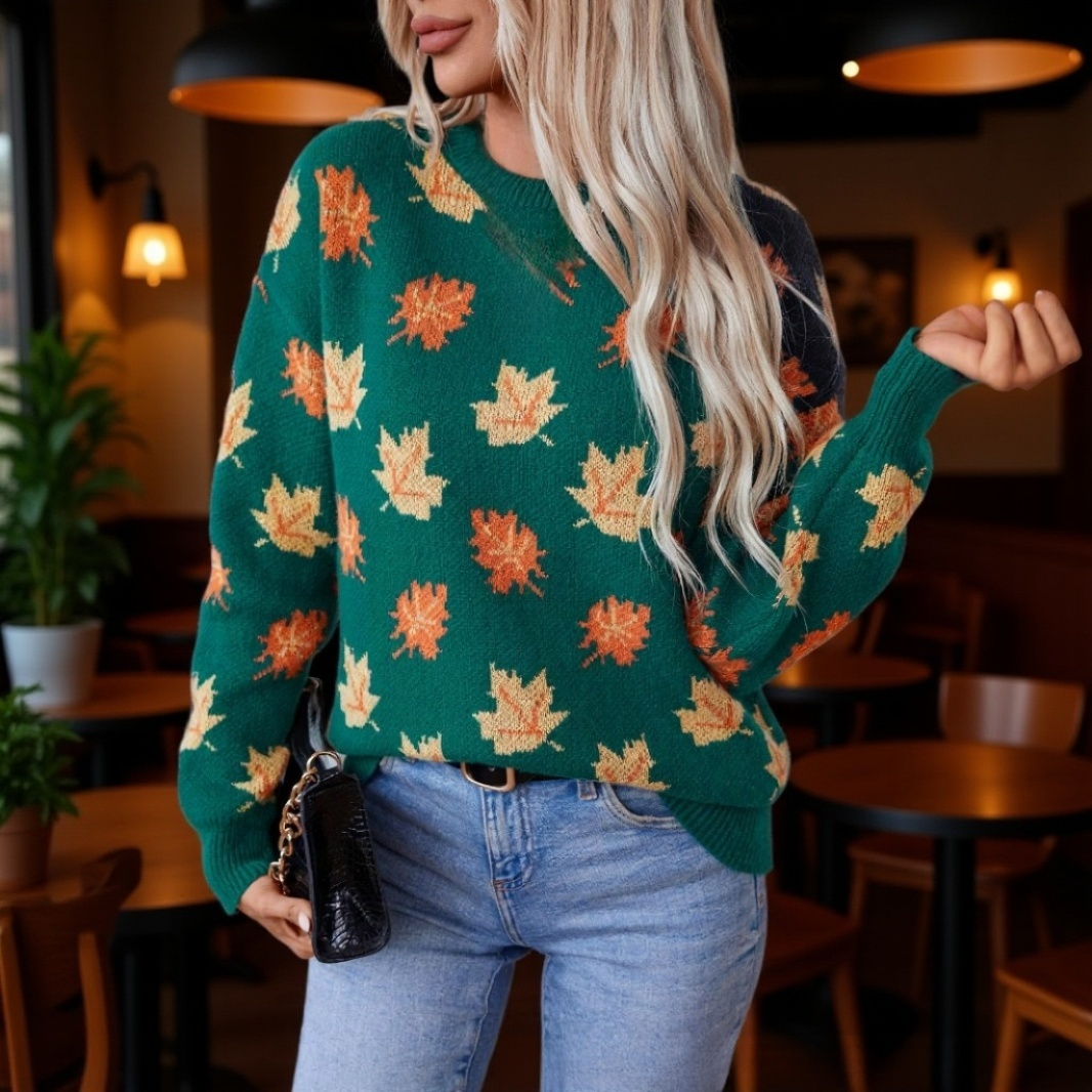 レディース メープルリーフ柄 ジャカード カジュアル プルオーバー ニット セーター