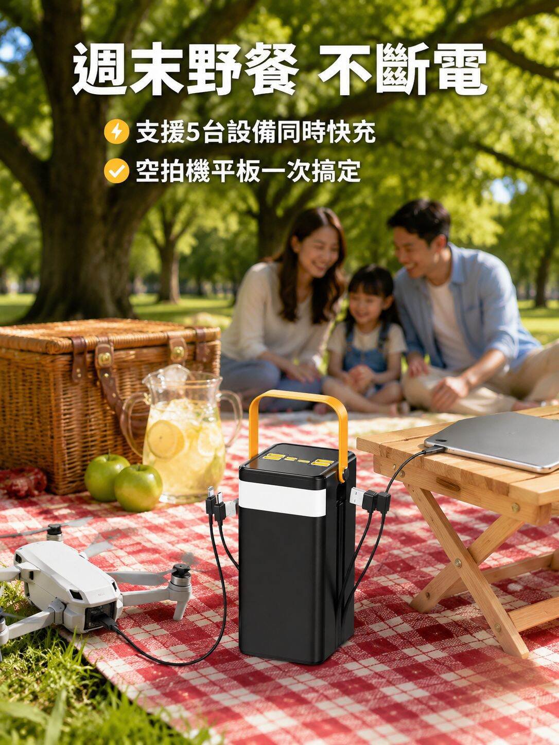 大容量自帶線戶外應急快充充電寶