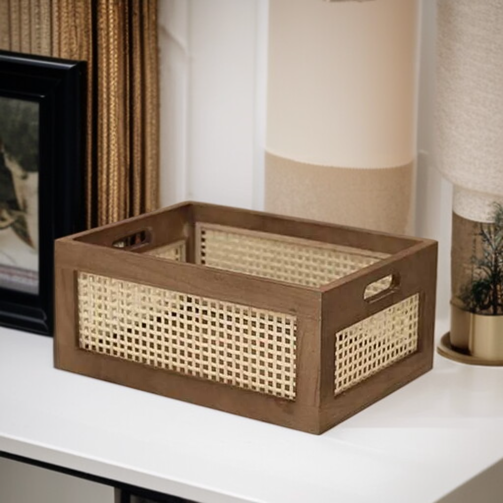 Organizador de mimbre cuadrado, canasta decorativa de ratán