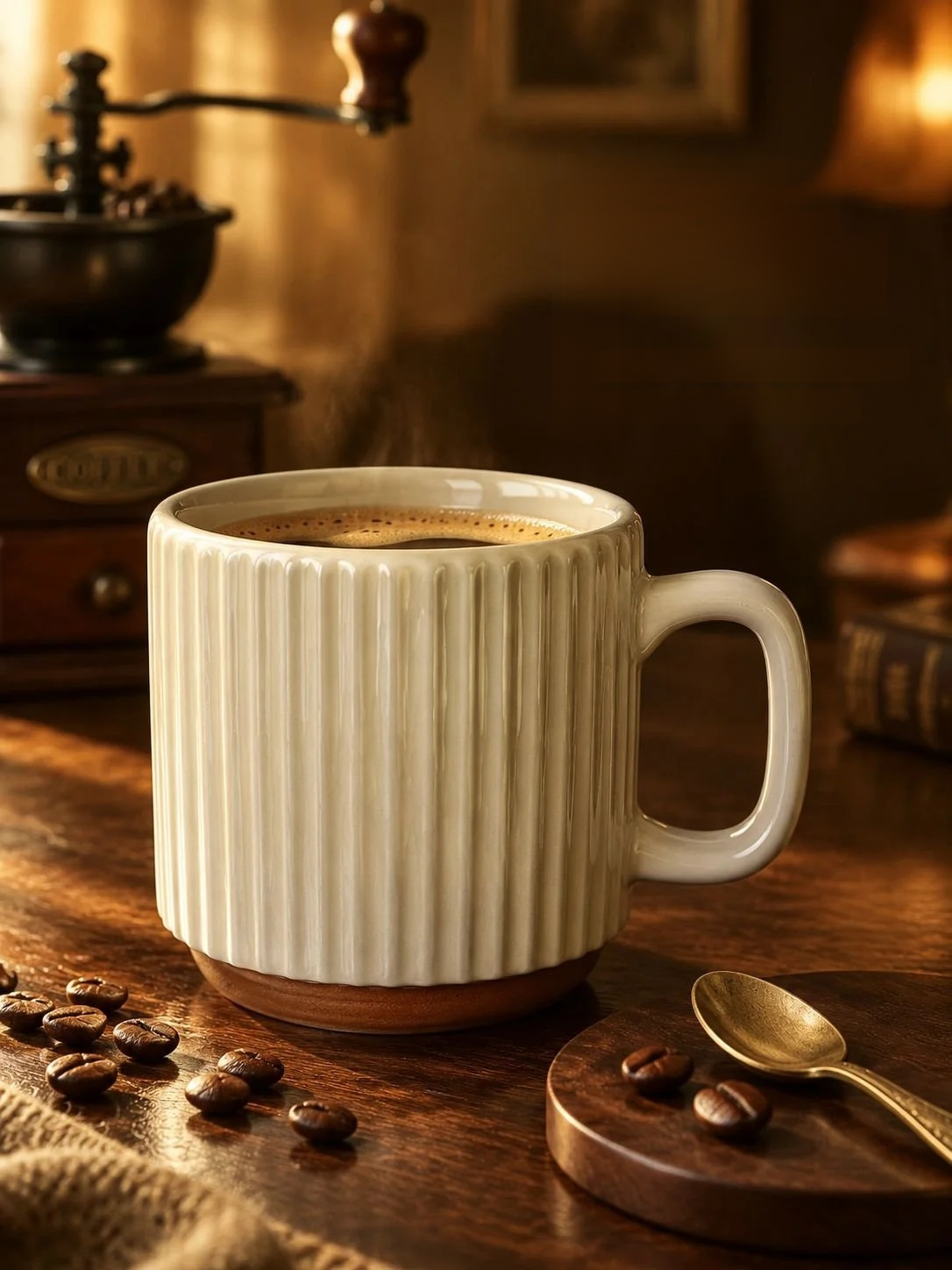 Close-up of the vertical stripe pattern on the beige stacking mug
