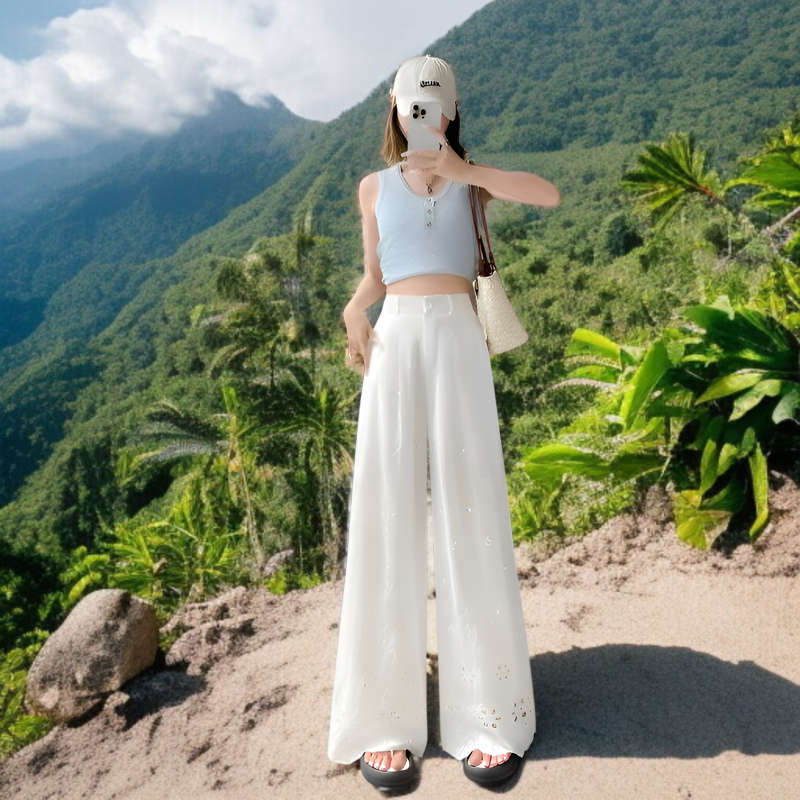 夏用中空ワイドレッグパンツ、フックフラワーワイドレッグパンツ、レディース2025新作、ハイウエストパンツ、スリムドレープレースパンツ、カジュアルストレートパンツ