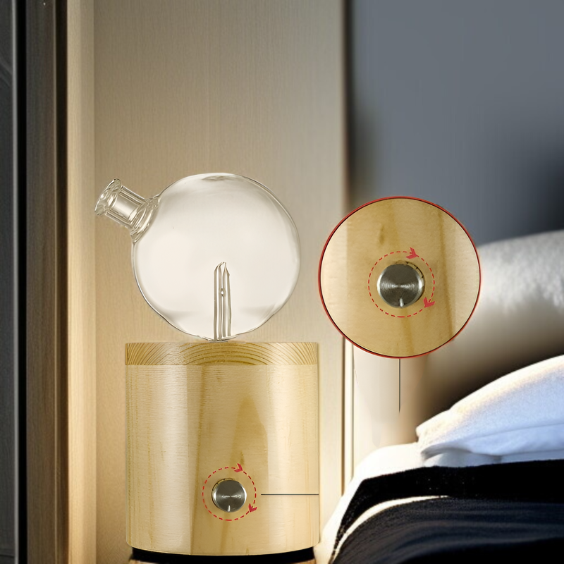 ノブでミスト量を調節できる、水不要の無垢材製エッセンシャルオイルアロマセラピーディフューザー。室内空気浄化にも。低騒音、間接照明、カラフルなLEDライト、自動電源オフ機能を備えたアロマセラピーディフュ