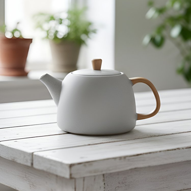 Šedá keramická konvice na čaj