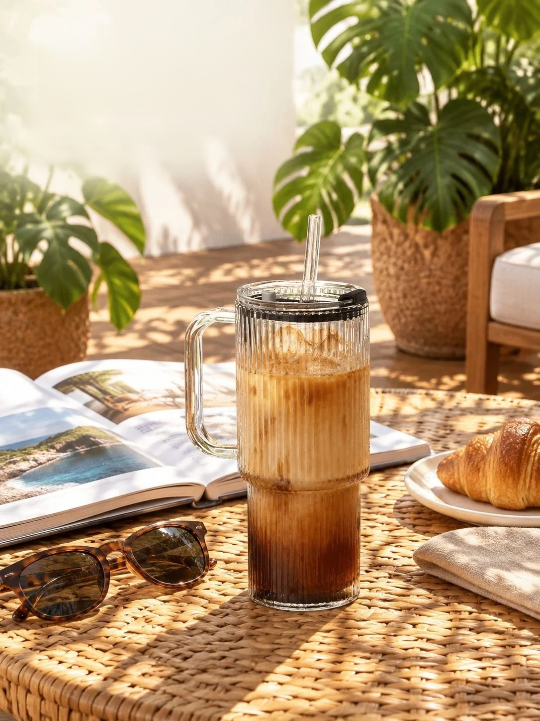 Portable large glass cup with straw and handle