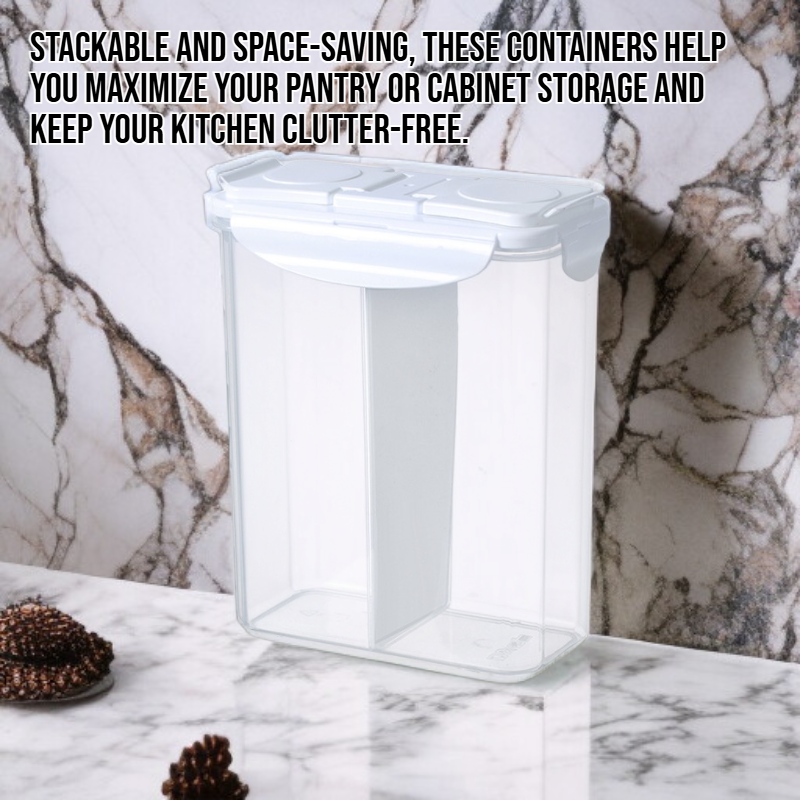 Plastic airtight storage containers filled with grains and cereals