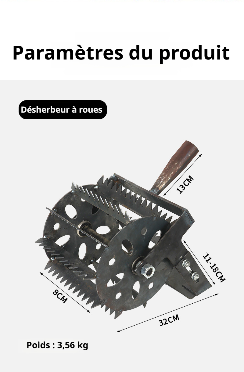 Gros plan sur la roue robuste de l'outil de désherbage