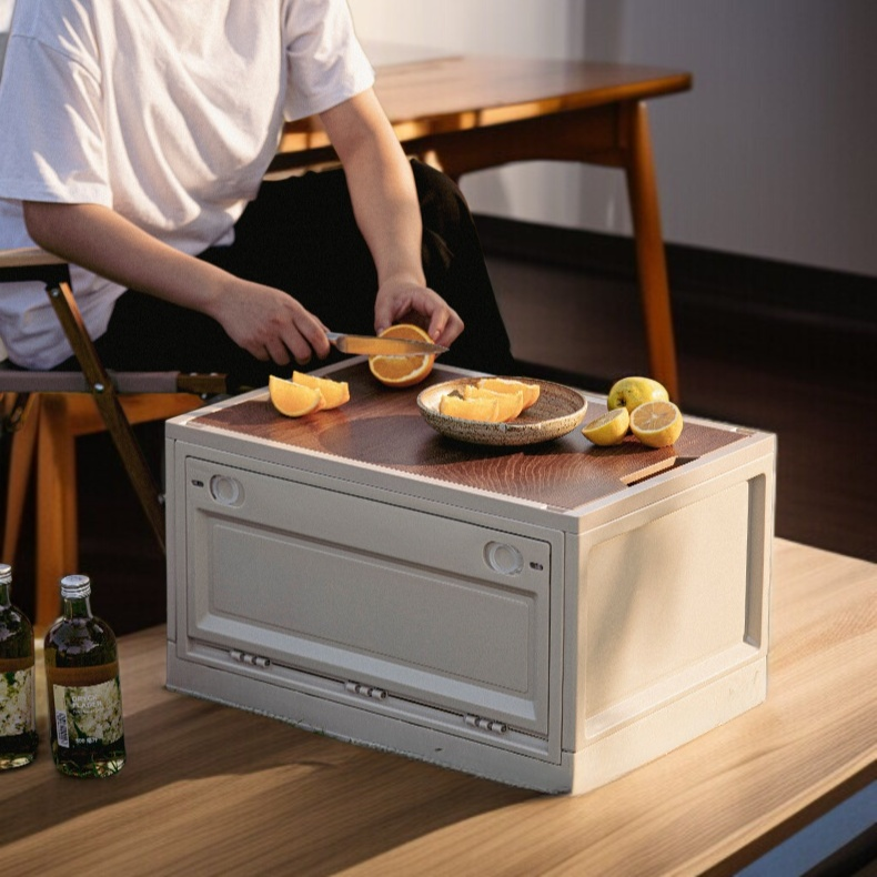 大型プラスチック収納ボックス アウトドア用 木製フタ・プーリー付き