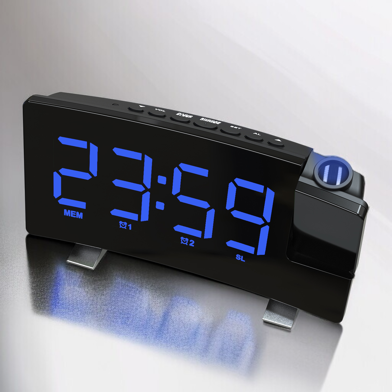 新しいラジオ目覚まし時計 USB充電式常時投影時計 曲面大画面時計