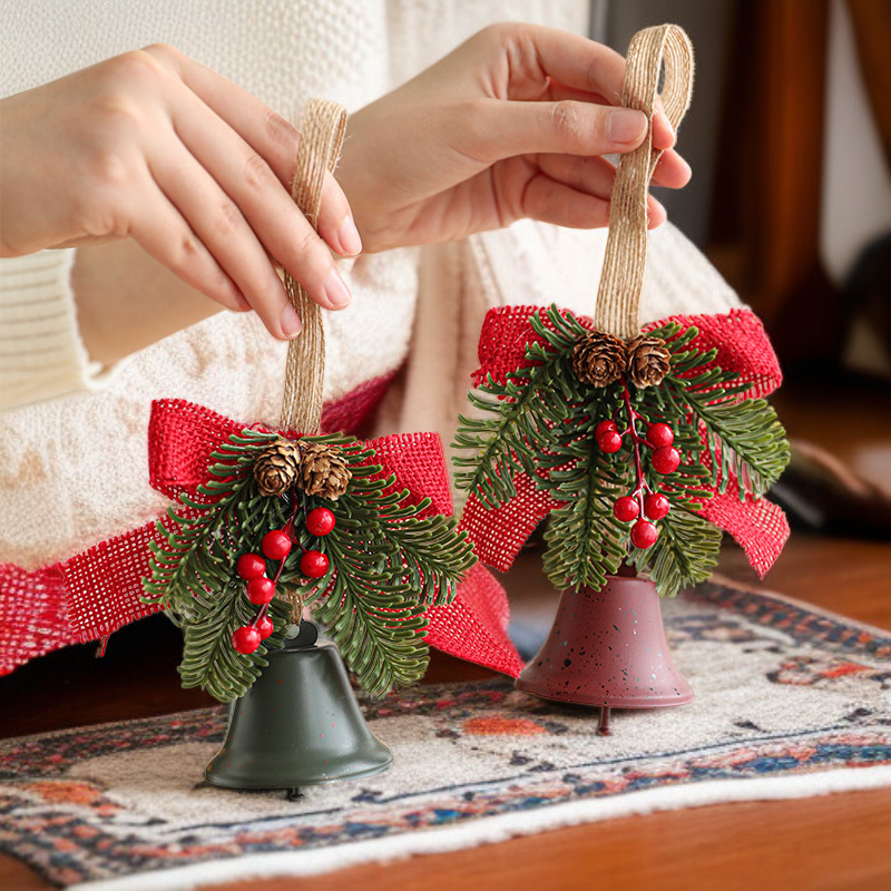 Metal Christmas Bell Ornament with Bow, Pine Needles, and Red Berries for Door 