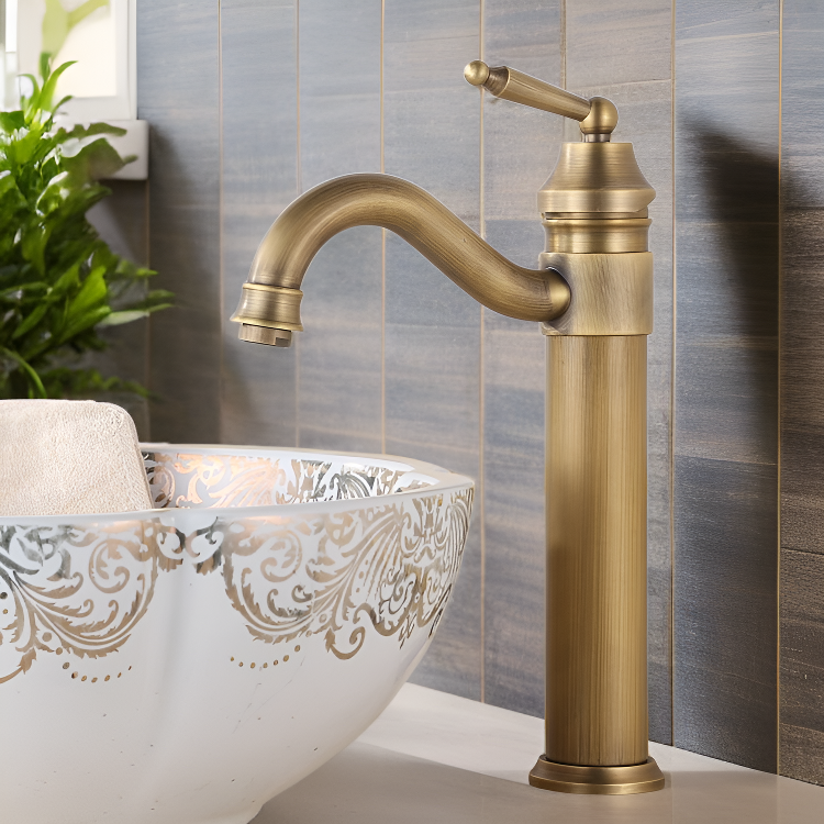 Vintage European copper bathroom basin with hot and cold faucet set