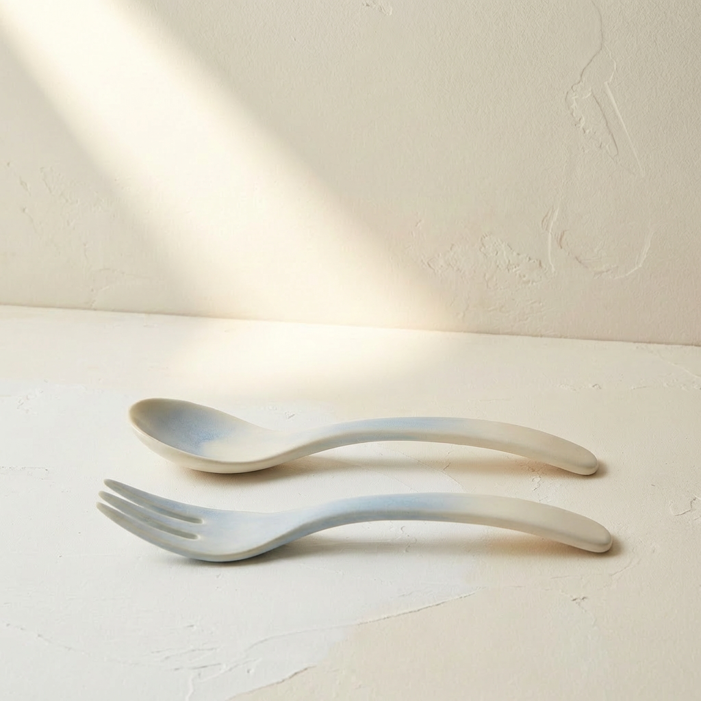 Juego de cucharas y tenedores de cerámica de 4 piezas sobre mesa