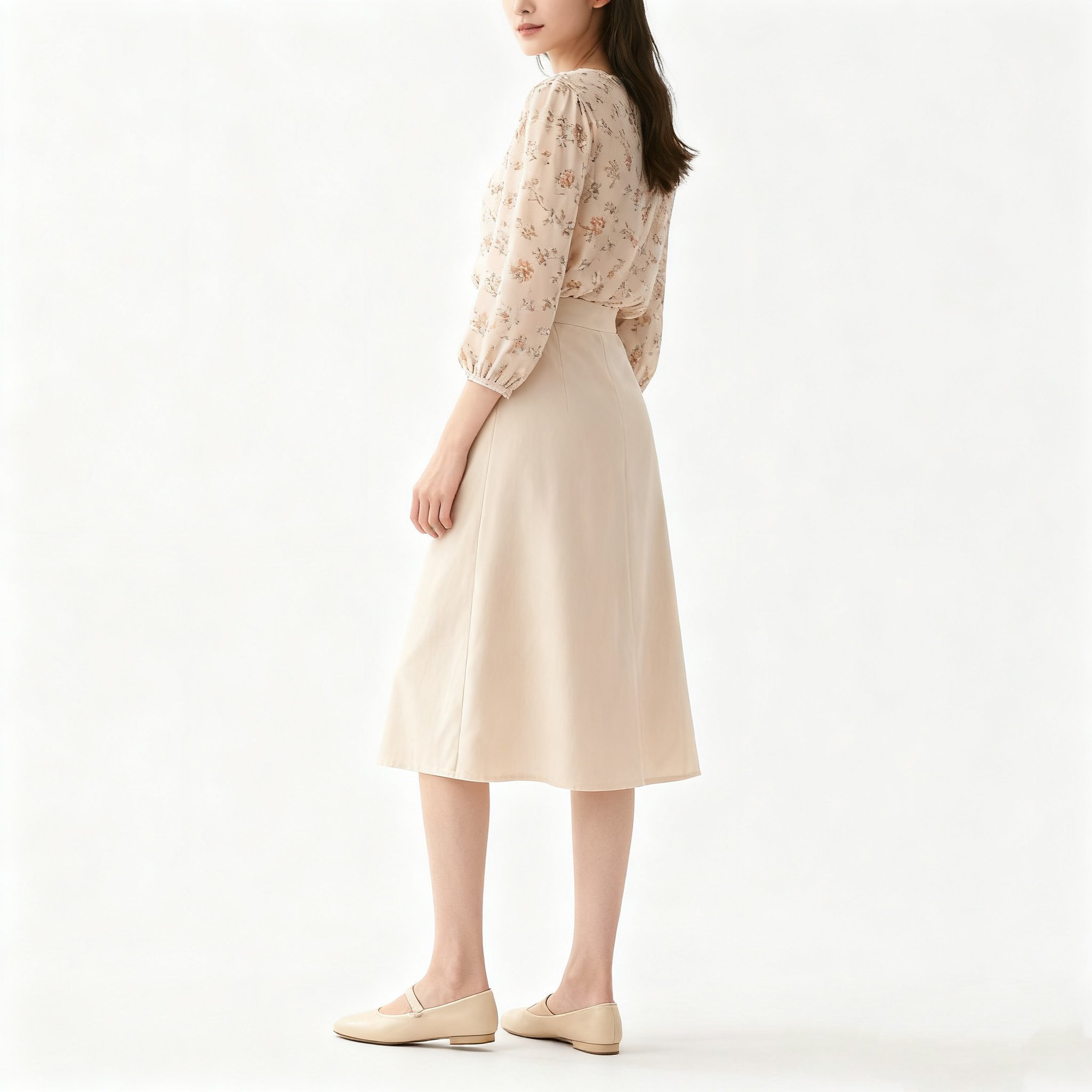 파스텔 핑크 미디 스커트 디테일 컷