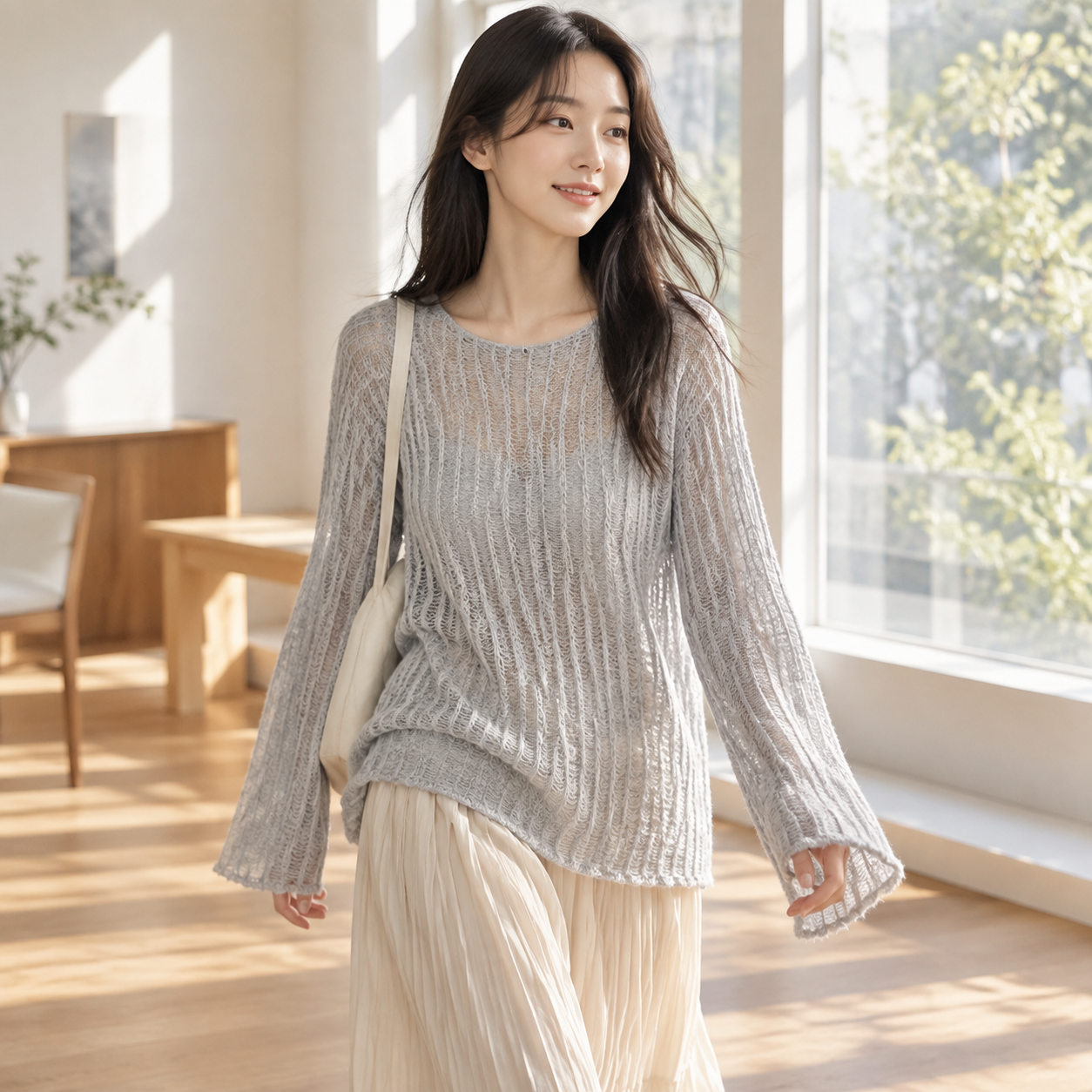 여성 루즈핏 펀칭 니트 가디건 봄가을용