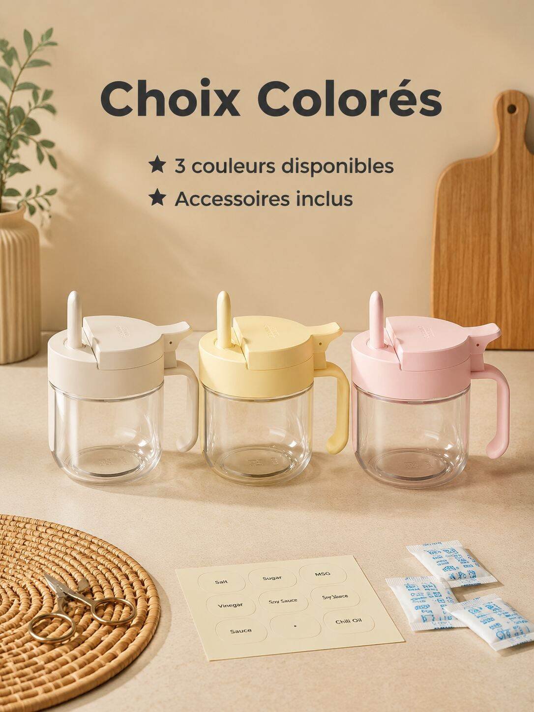 Bocal à condiments en verre compartimenté avec cuillère pour cuisine, boîte hermétique