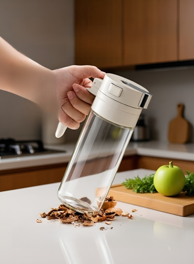 Vertido preciso de aceite usando la botella de vidrio a prueba de fugas