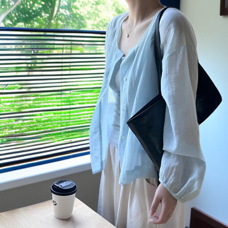 긴팔 벌룬소매 선블라우스 부드러운 카디건 블라우스 시스루 여름 얇은 텐셀 라운드 블라우스