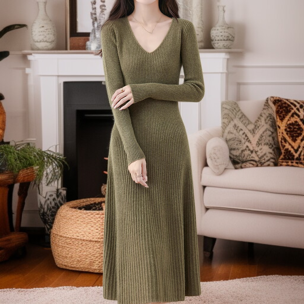【Brelia-jp】2025年秋冬 Vネックニットワンピース レディース エレガントで着痩せ効果抜群 無地ロングワンピース コートとの重ね着にも