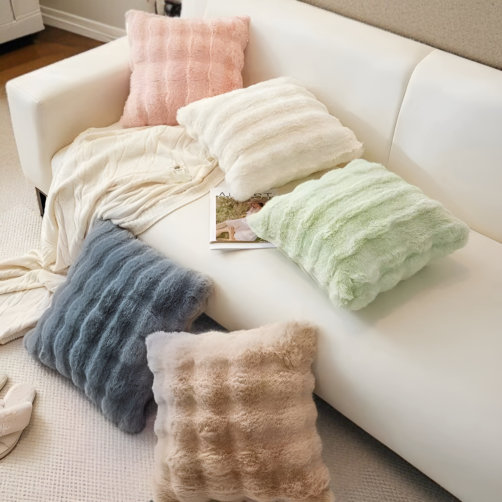 厚みのあるイミテーションラビットファープラッシュクッションカバー 冬用プラッシュクッション [40x40/50x50/60x60CM] [枕芯付きクッションカバー/クッションカバー] ゆっくりとリバウ