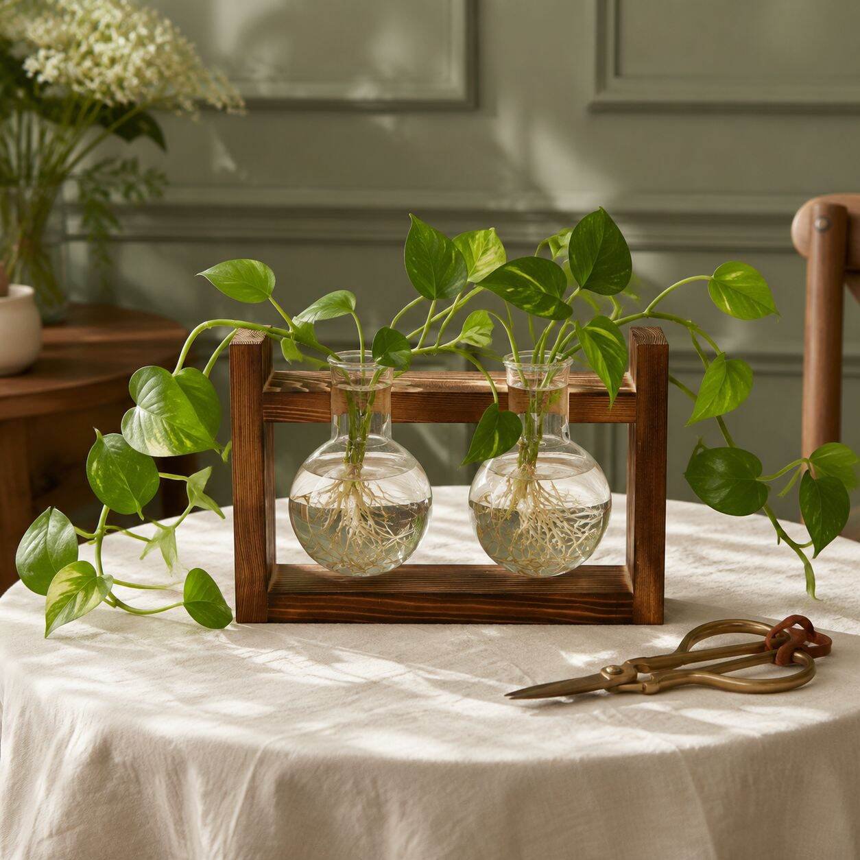 Home Glass Bottle Wooden Frame Hydroponic Plant Vase for Living Room Decor
