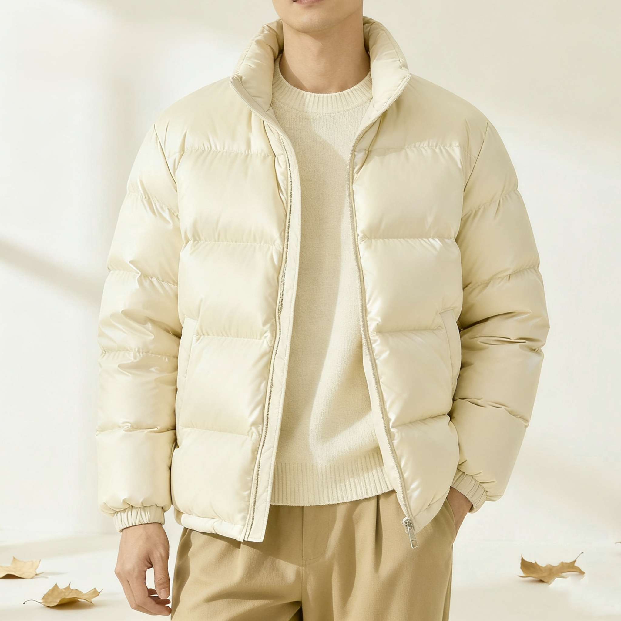  남성 베이지 기본형 숏 패딩 점퍼