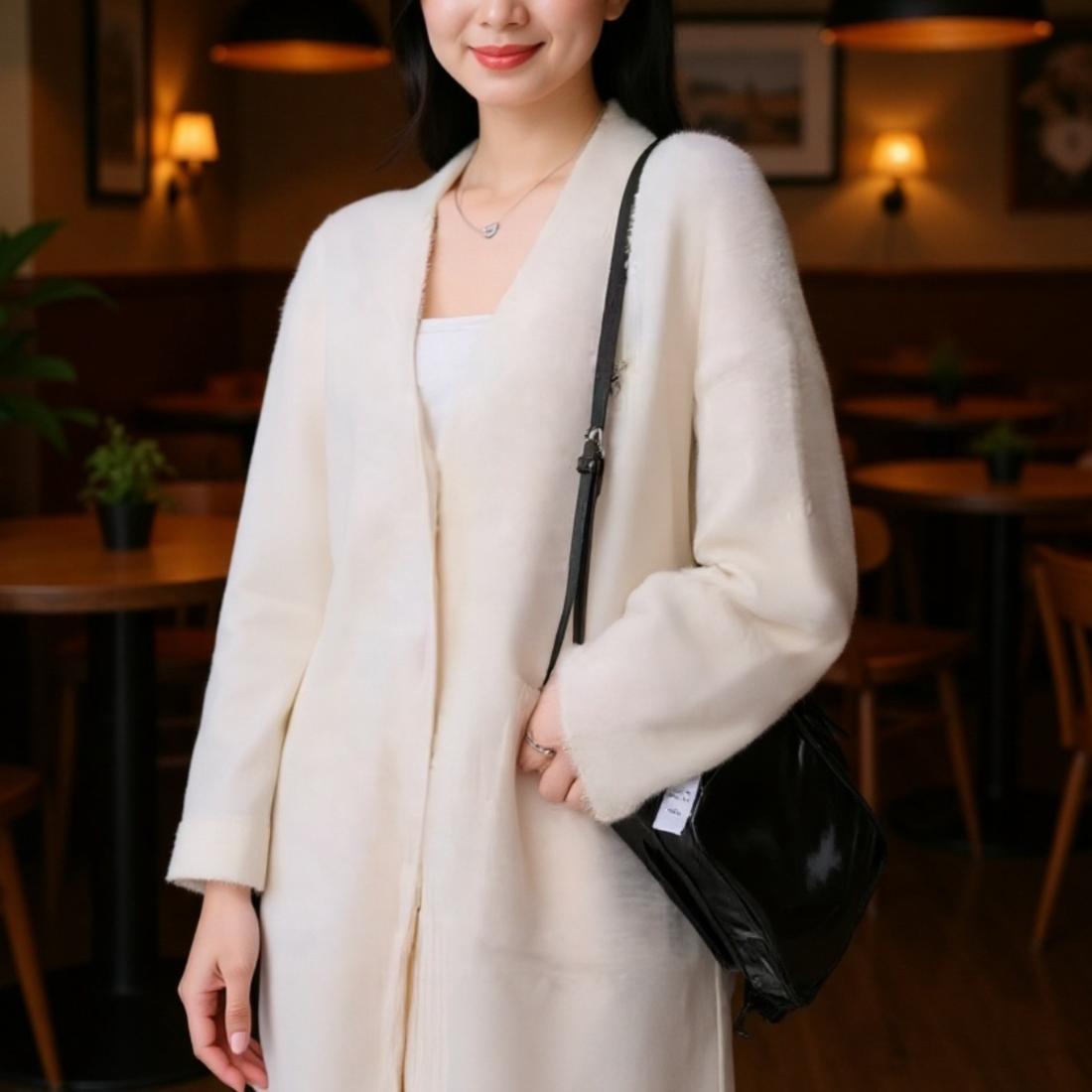 ゆったり風 フェイクミンク 無地 春秋用 ロングカーディガン レディース
