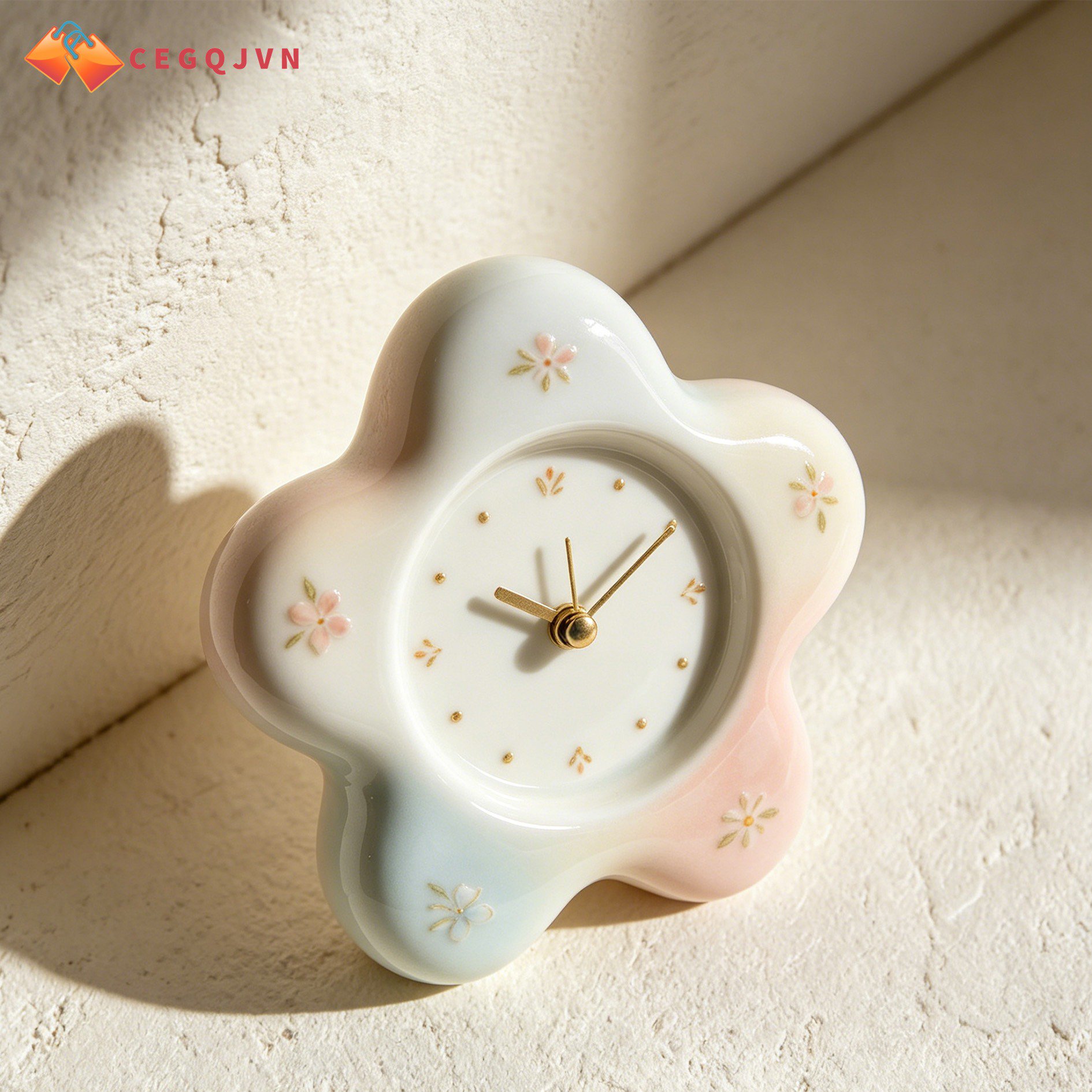 Set of two flower-shaped ceramic clocks on white background