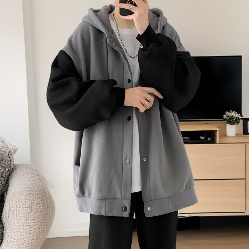 香港スタイルの秋と冬の男性用カジュアルカーディガンジャケット、ベルベットと厚みのあるトレンディなスプライシングスウェットシャツ、ルーズフード付きスウェットシャツ、カップル着用