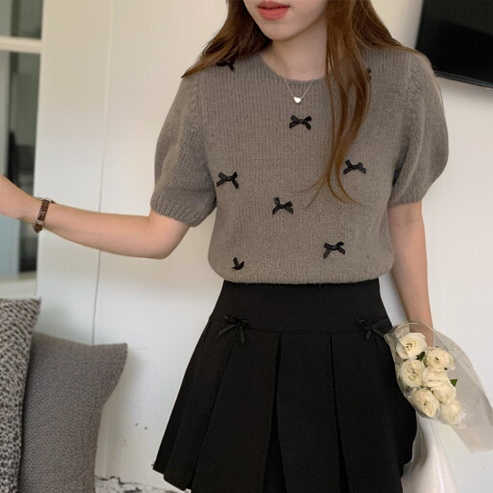 여성 풀오버 입체 니트 리본 장식 퍼프 니트