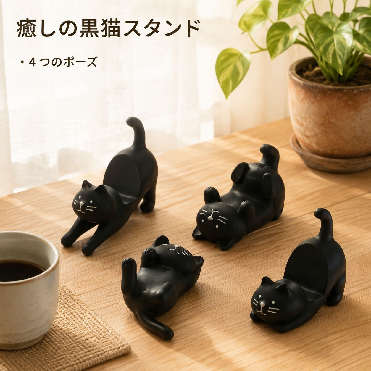怠け者スマホホルダー 黒猫飾り デスク樹脂工芸猫オブジェ