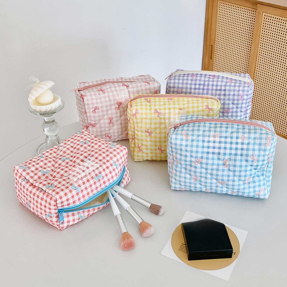 체크무늬 리본 수납 파우치