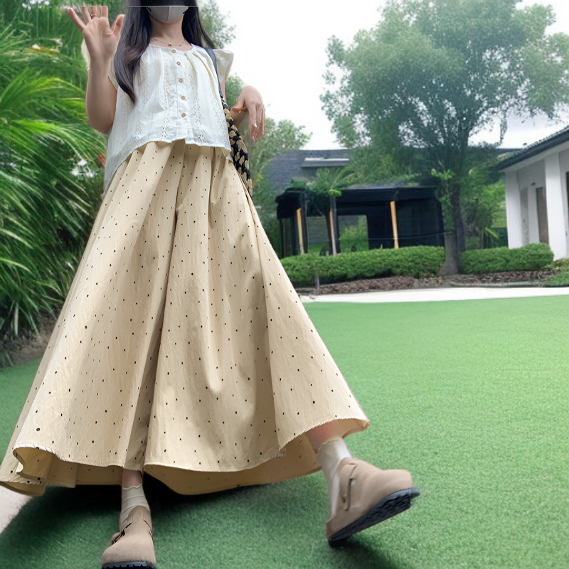 ひっかかり防止・毛玉になりにくいドットワイドパンツ 夏用涼感素材 ハイウエストゴム仕様