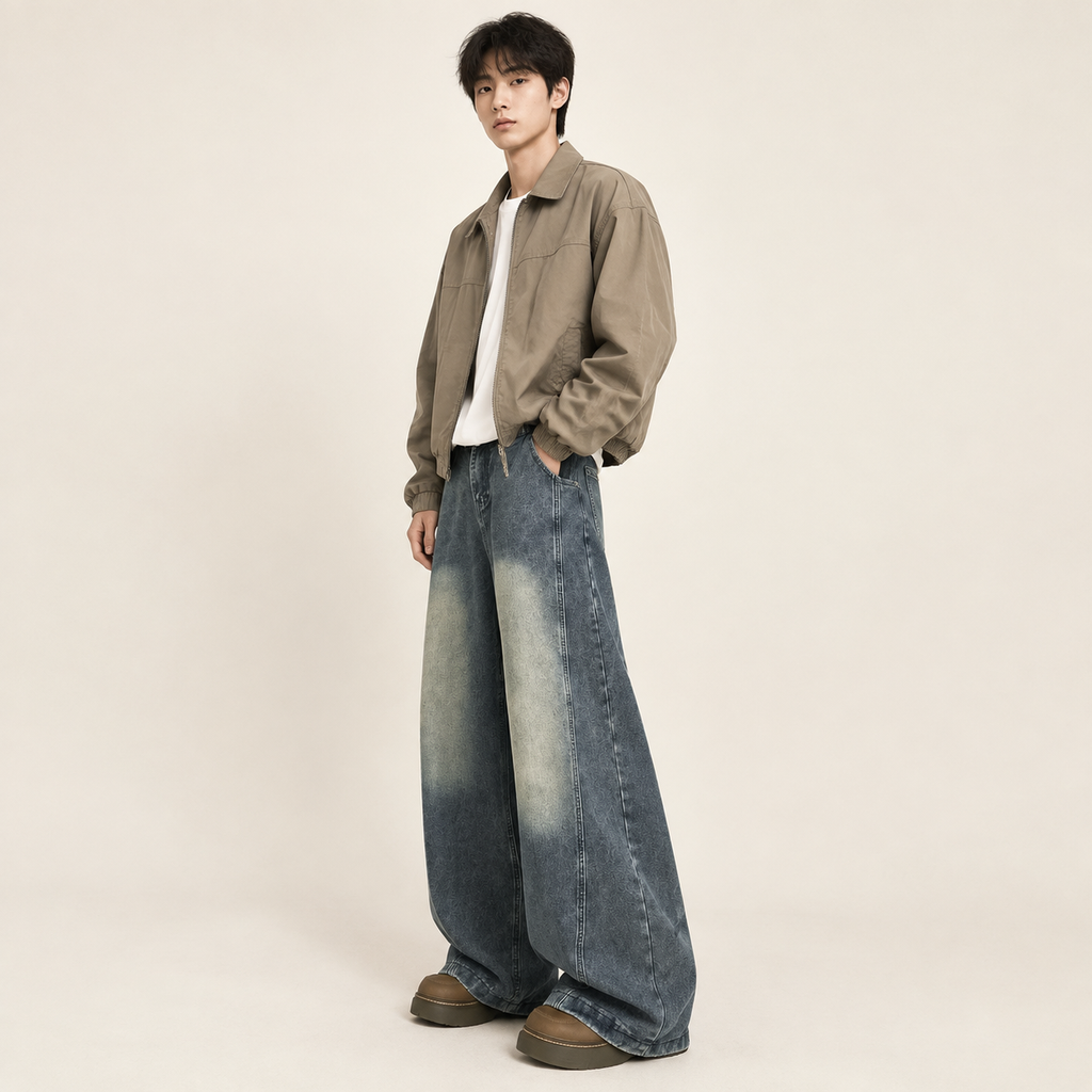 복고풍 워싱 해체 디자인 청바지 남성 봄가을 와이드 팬츠