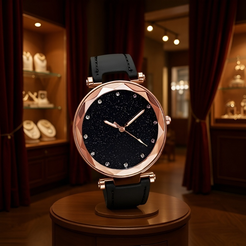 ساعة يد بعلبة باللون الذهبي الوردي وحزام جلدي مطفأ اللمعان