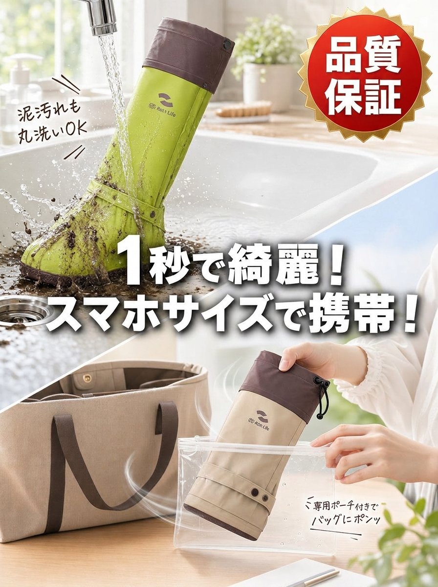 【靴もズボンも濡らさない】ゲリラ豪雨・台風を無力化！「5秒装着」完全鉄壁ロングレインカバー
