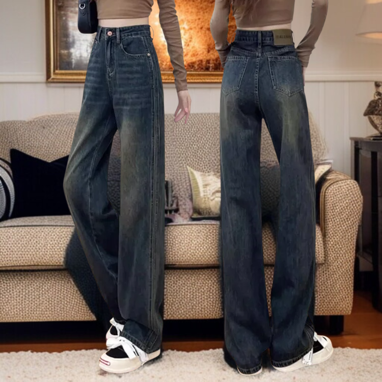 女性用ゆったりレトロワイドレッグクロッチカバージーンズ ナロー・スプリング・ハイウエスト・パデッド・ドラッグ・パンツ ジーンズゆったりワイドストレート股下カバー春秋トップス