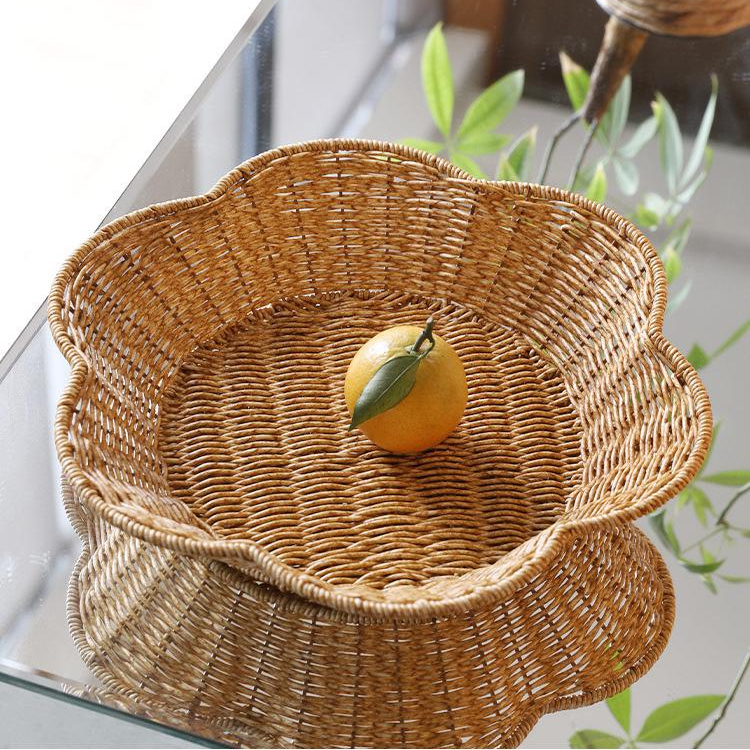 仿藤編梅花款花果盤點心零食收納托盤藍色