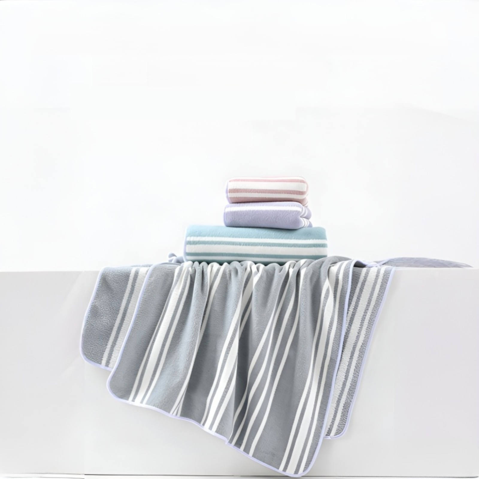 커플용 코랄 플리스 바스타월·타월 세트, 빠른 흡수와 건조, 가정용 따뜻한 스트라이프 세트