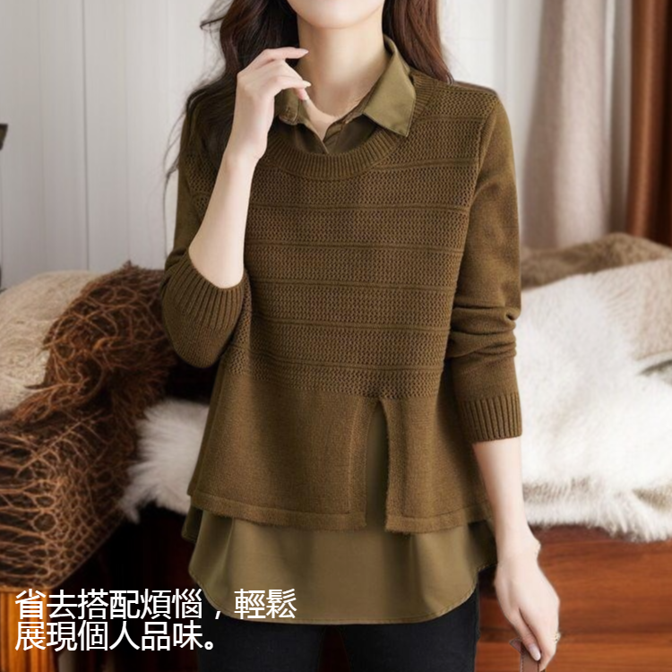 女士假兩件針織襯衫毛衣