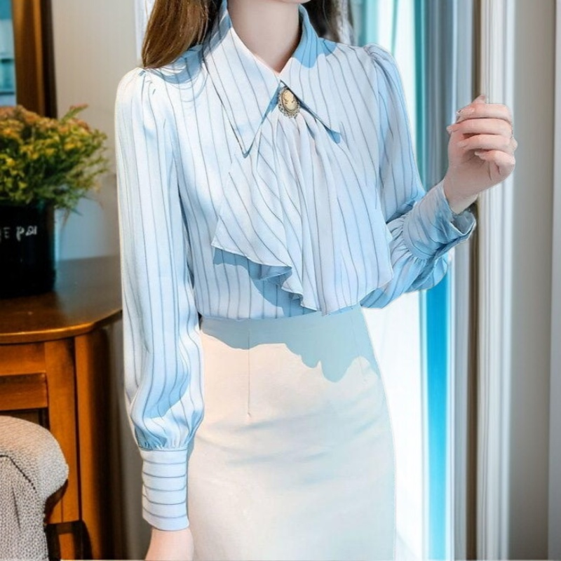 女士法式長袖條紋襯衫