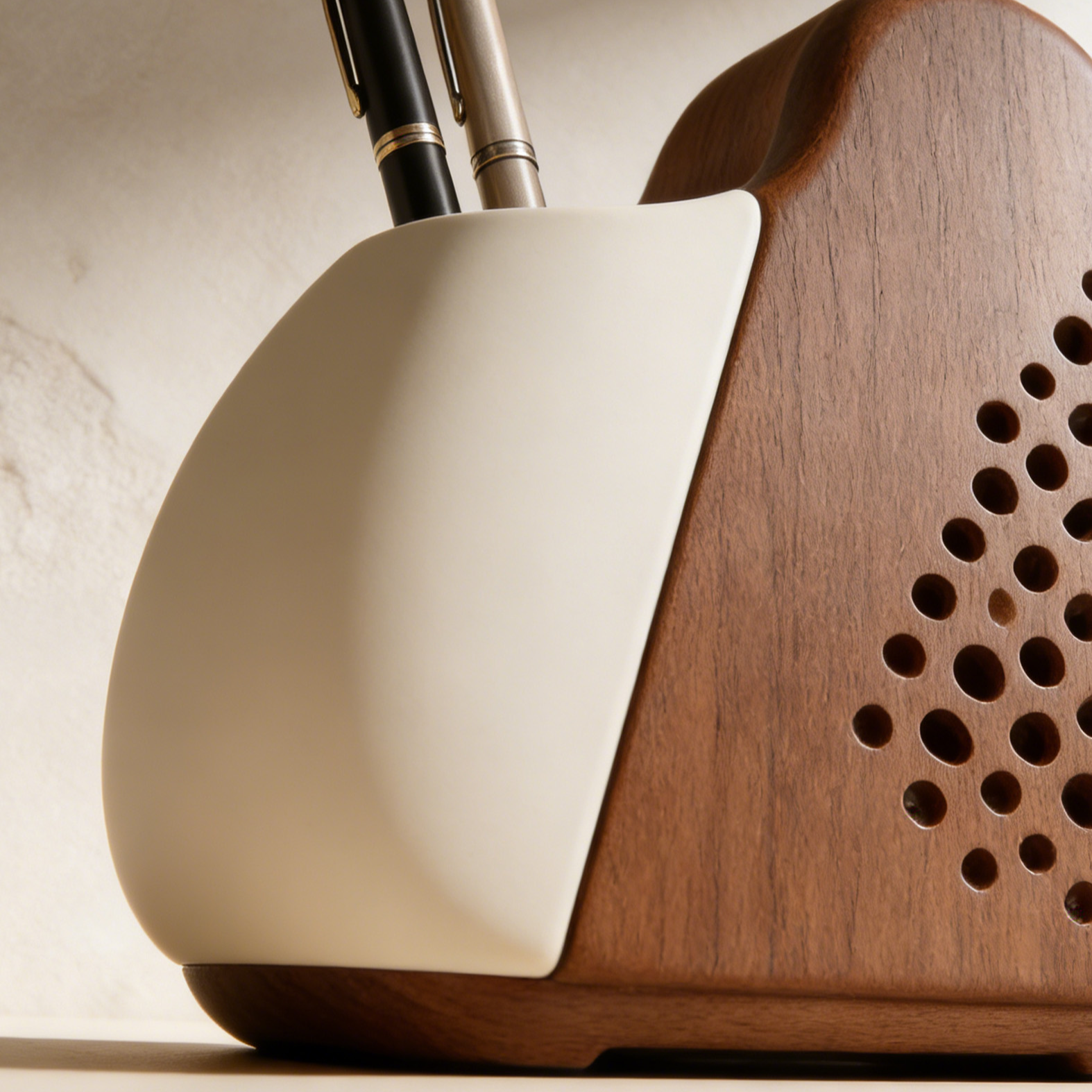 Close-up of wooden pen holder compartments