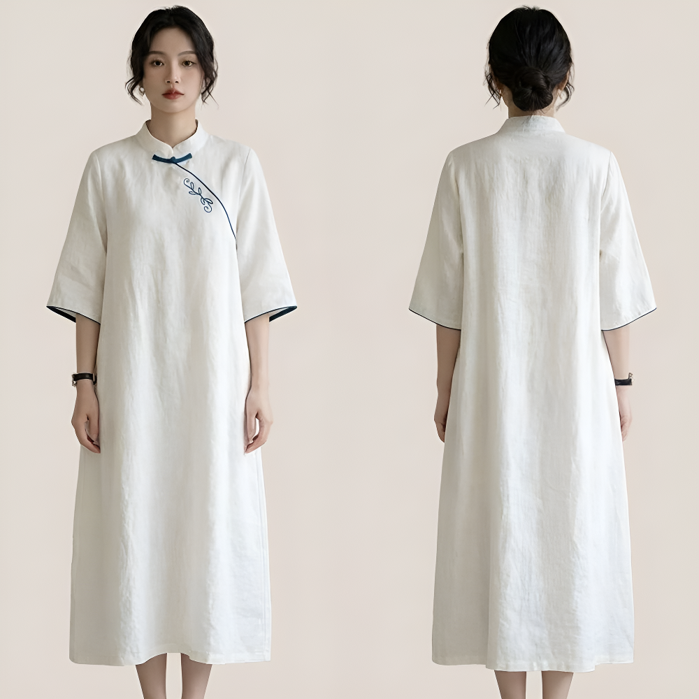 白 ゆったり綿麻チャイナドレス レディース 若者向け 改良型ロングローブ