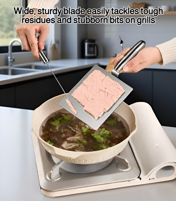 Stainless steel thickened meat scraper on kitchen counter