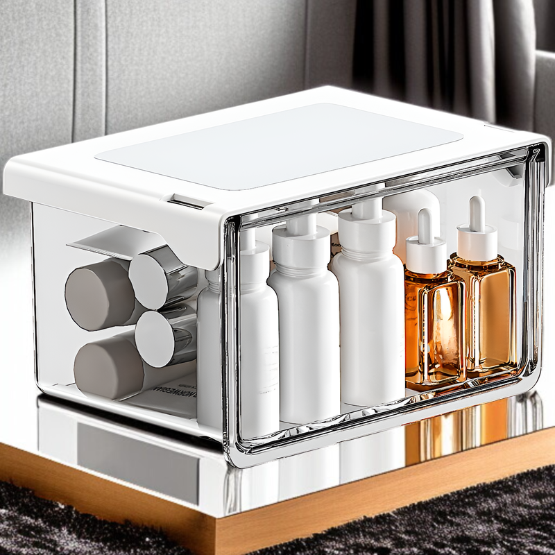 33°の傾斜角度で出し入れしやすいテーブル下収納ボックス。シンプルで透明な引き出し式で、オフィス、トイレ、洗面台、バスルームなどに最適な防水収納ボックスです。