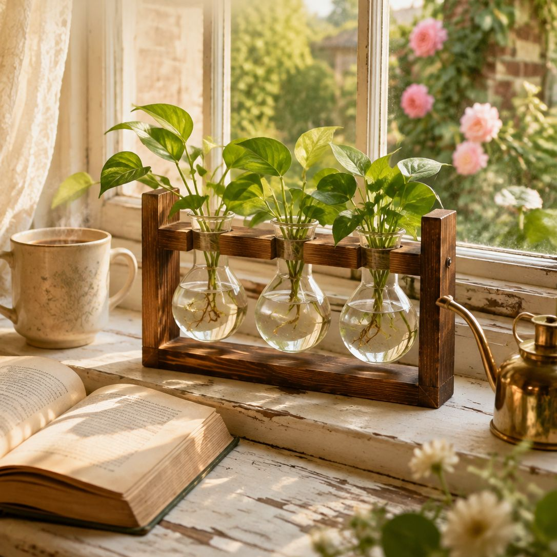 Glass Bottle Hydroponic Greenery Wooden Stand Ornament